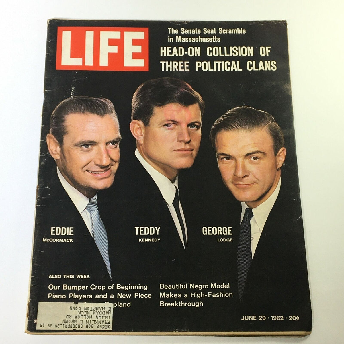 Cover of Life Magazine dated June 29, 1962 featuring Eddie McCormack, Teddy Kennedy, and George Lodge with the headline on political clans.