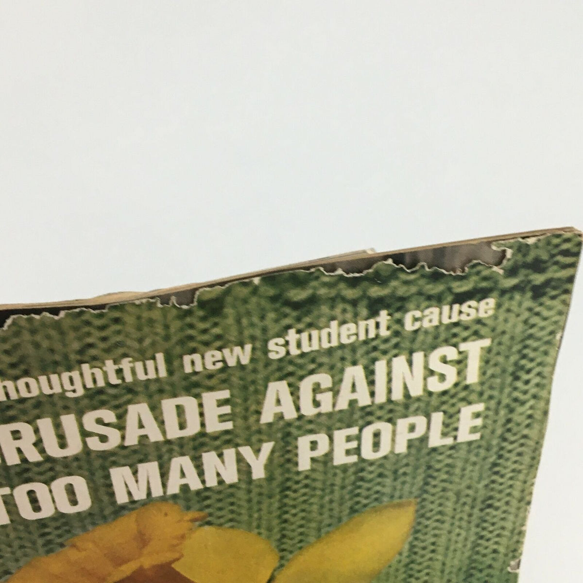 Side view of the vintage Life Magazine from April 17, 1970, highlighting the title 'Crusade Against Too Many People' and top edge with visible damage.
