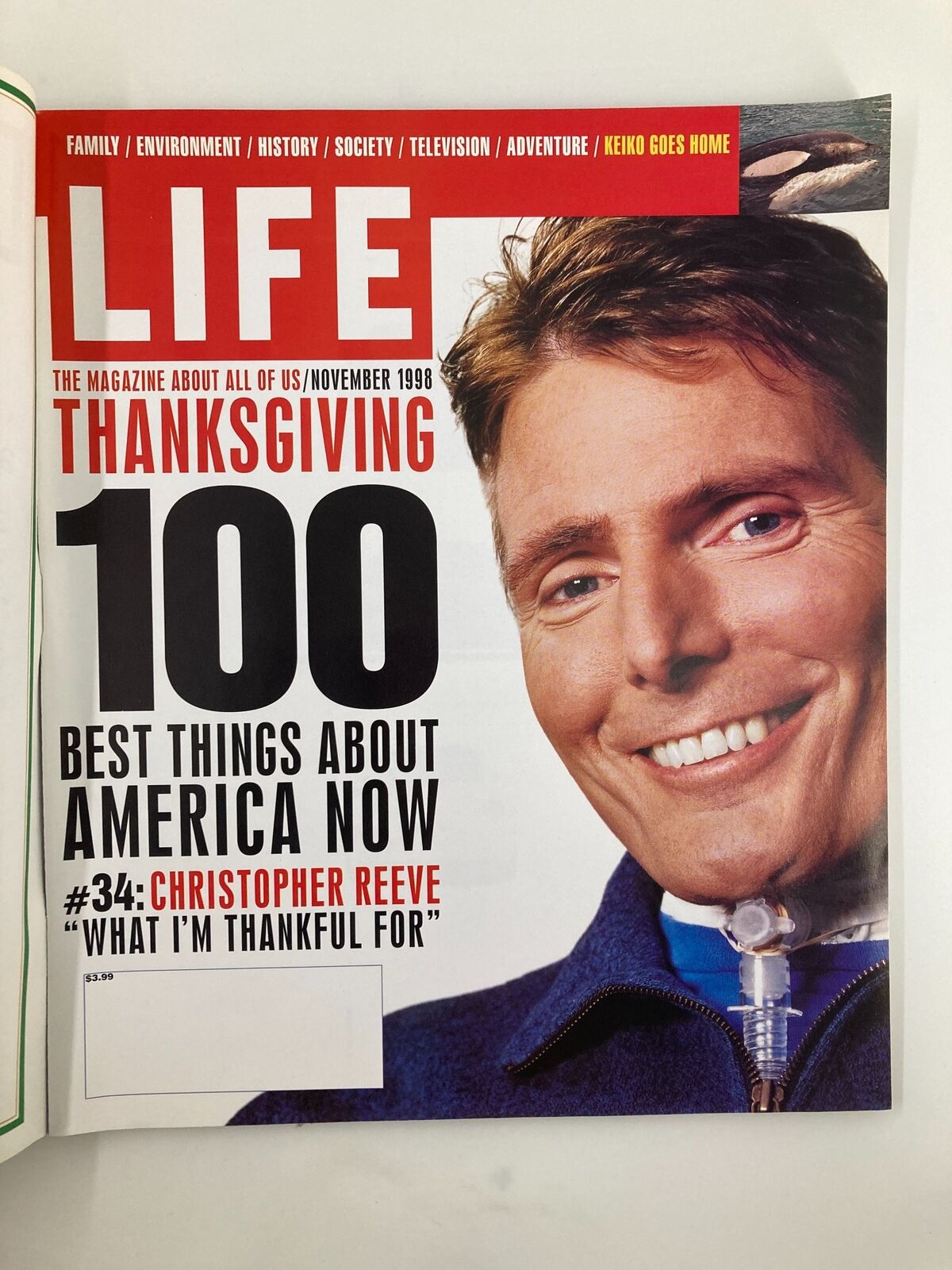 Life Magazine November 1998 Cover featuring Christopher Reeve, highlighting Thanksgiving and the theme '100 Best Things About America Now.'