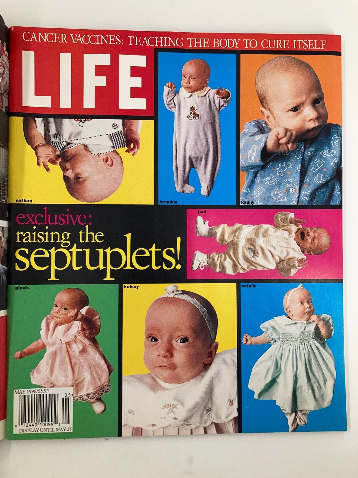 Cover of Life Magazine May 1998 featuring the title 'Exclusive: Raising the Septuplets' with images of the septuplets dressed in colorful outfits.