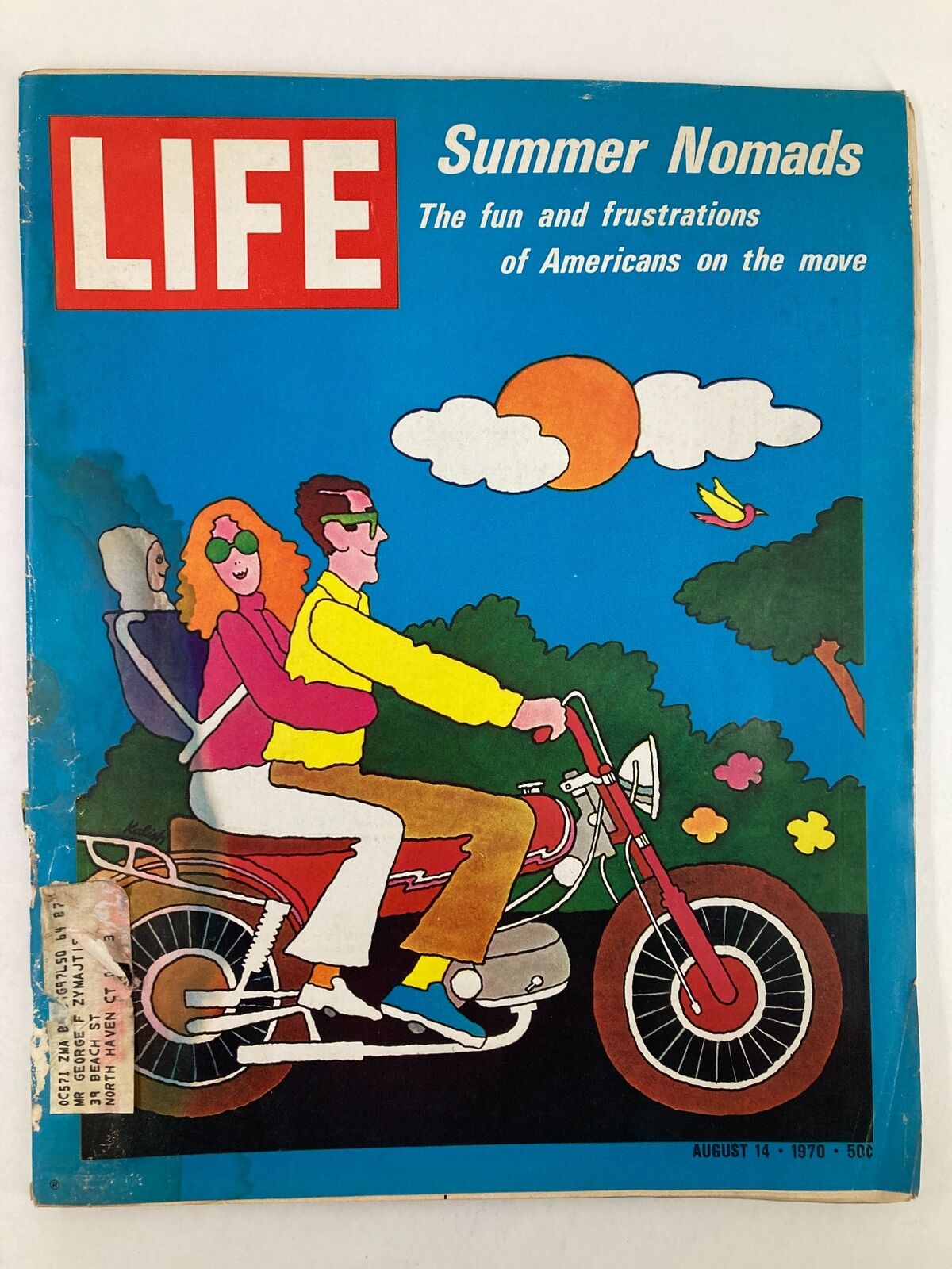 Cover of the VTG Life Magazine from August 14, 1970, featuring a colorful illustration of summer nomads on a motorcycle, showcasing the theme 'The Fun and Frustrations of Americans on the Move.'