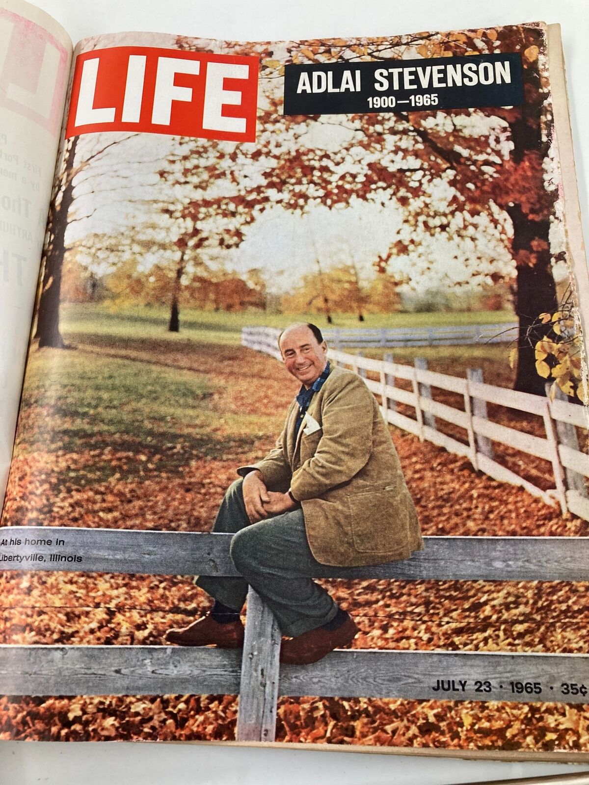 Inside view of VTG Life Magazine July 23 1965 highlighting Adlai Stevenson, showing him outdoors at his home in Libertyville, Illinois, with vibrant autumn leaves.