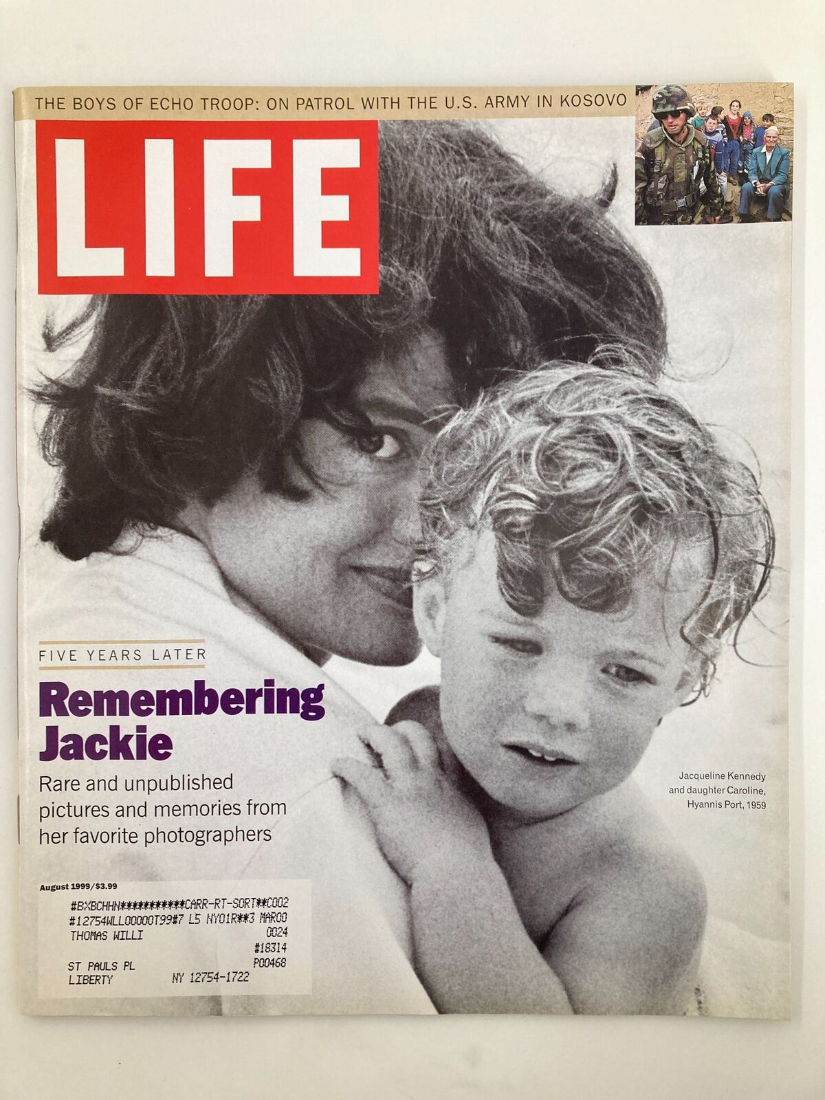 Cover of Life Magazine, August 1999 featuring Jacqueline Kennedy and her daughter Caroline, showcasing a memorable moment in American history.