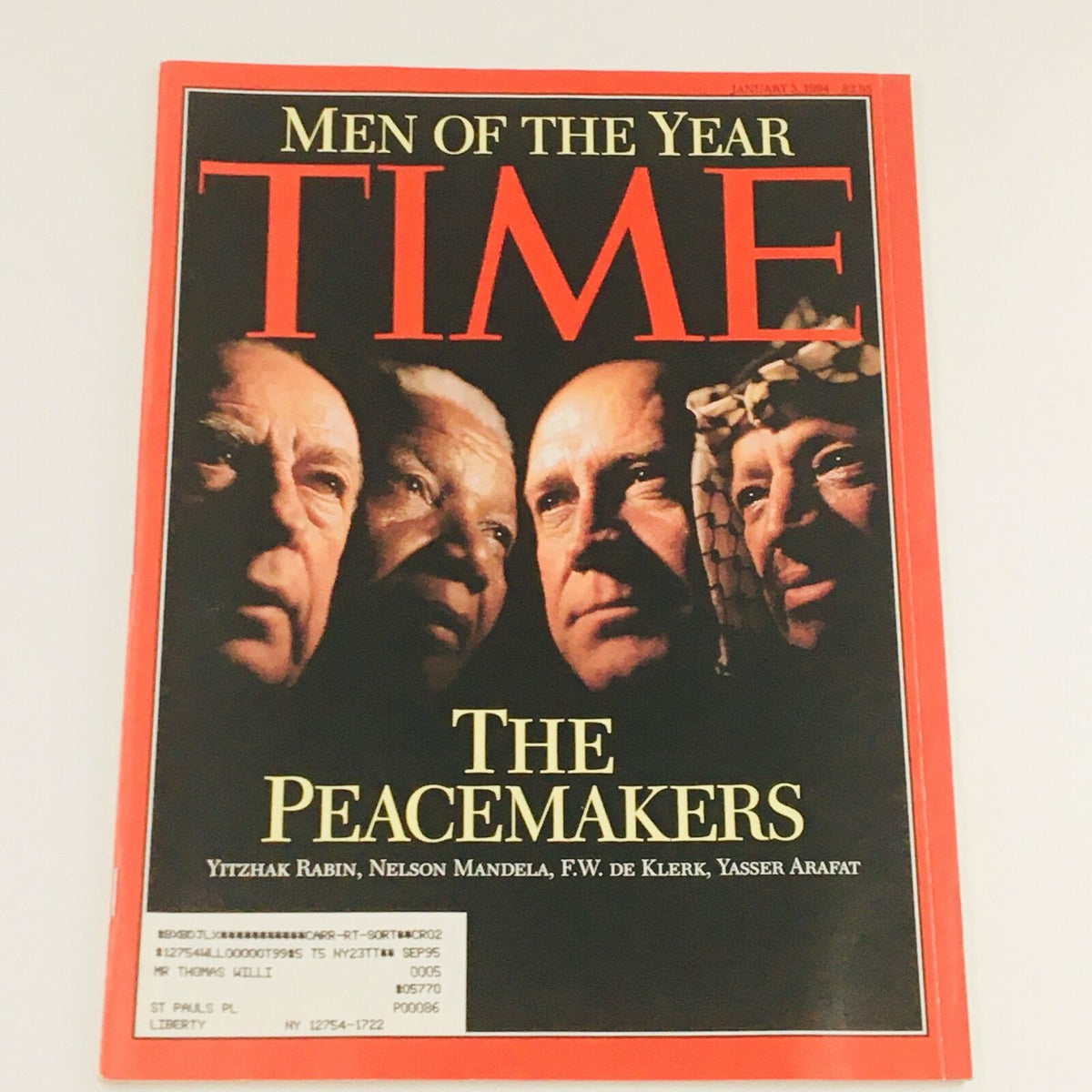 Time Magazine Cover from January 5, 1994 featuring the title 'Men of the Year' with prominent figures Yitzhak Rabin, Nelson Mandela, F.W. De Klerk, and Yasser Arafat, highlighting global peace efforts.