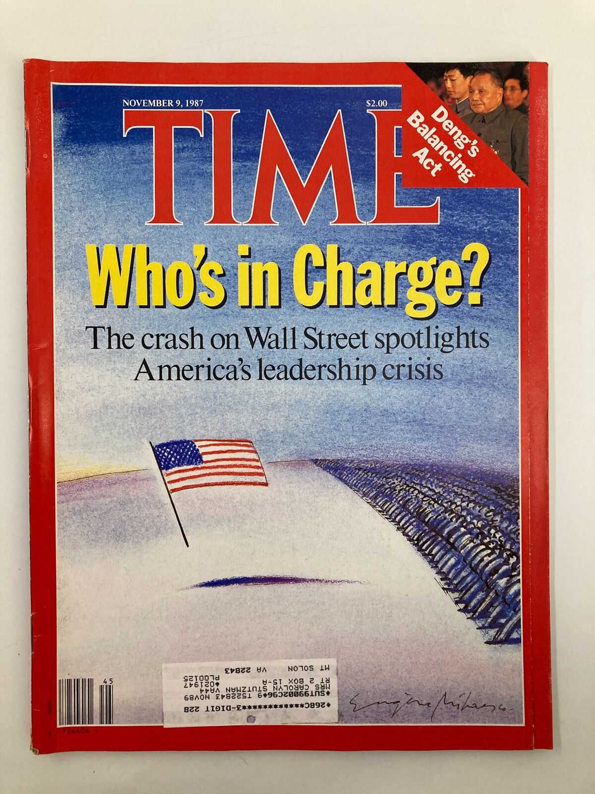 Vintage Time Magazine from November 9, 1987, featuring the cover story 'The Crash on Wall Street Spotlights' with a patriotic image of the American flag and insightful headlines about America's leadership crisis.