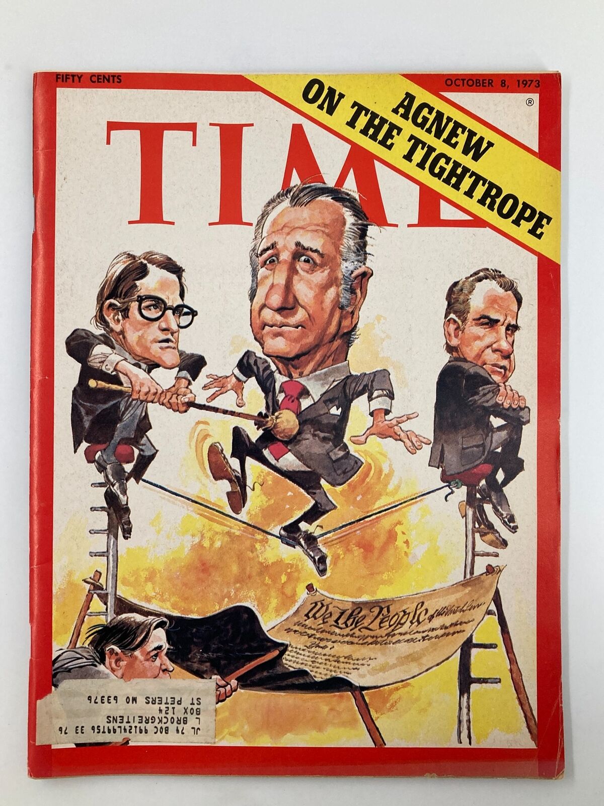 VTG Time Magazine October 8, 1973 cover featuring a caricature of Spiro Agnew in a high-wire act, with the title 'Agnew On The Tightrope,' indicative of the political climate and controversies of the early 1970s.