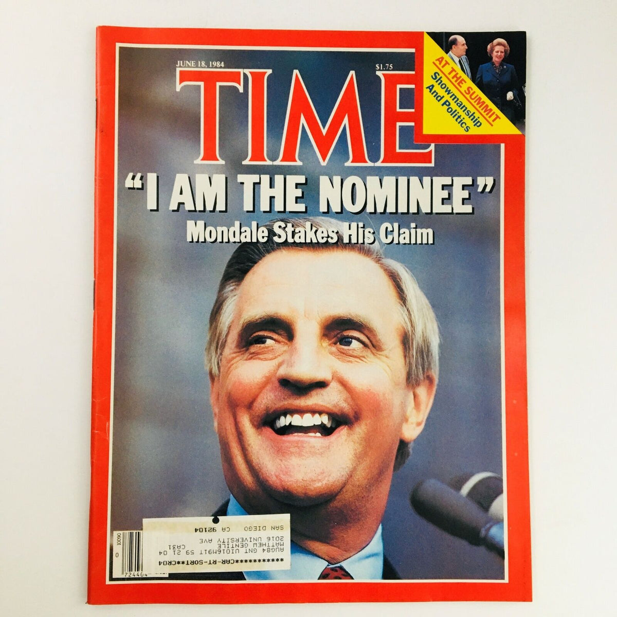 Time Magazine cover from June 18, 1984 featuring Walter Mondale with the headline "I AM THE NOMINEE" as he stakes his claim during the presidential campaign; a vibrant portrait that captures a significant moment in American political history.