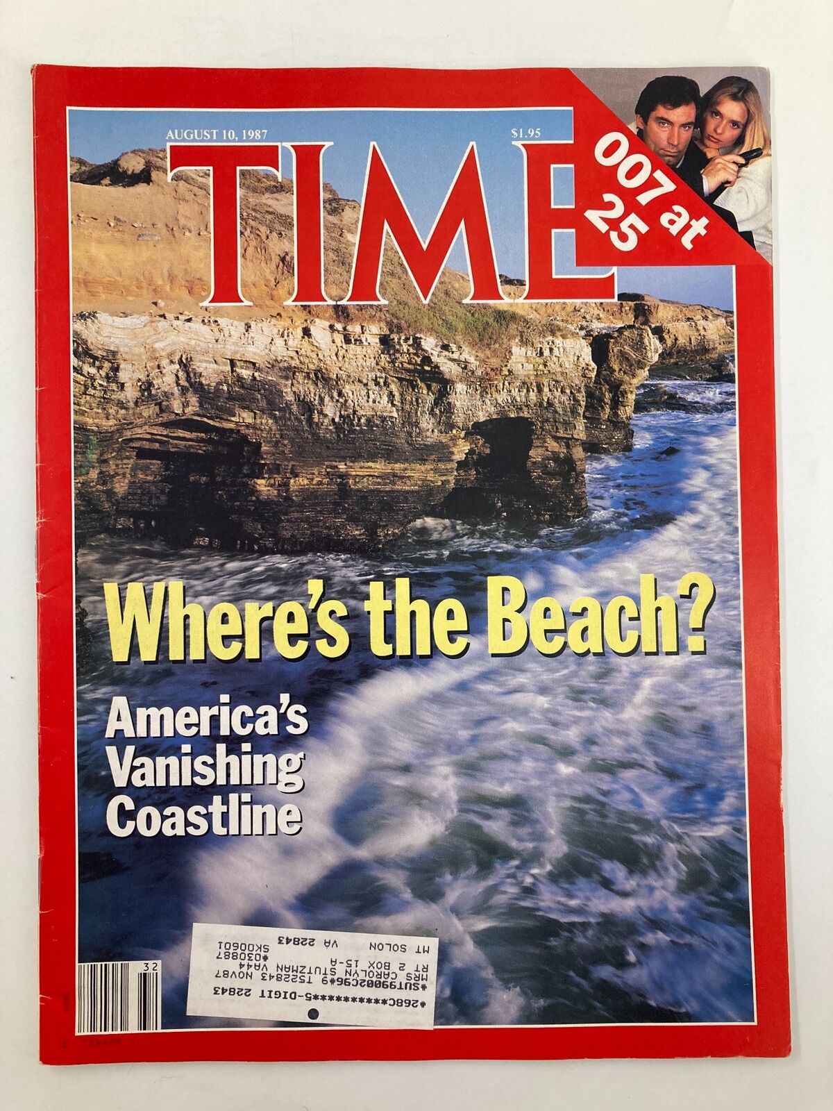 Cover of VTG Time Magazine from August 10, 1987, featuring the headline 'Where's the Beach? America's Vanishing Coastline' and a special feature on '007 at 25'.