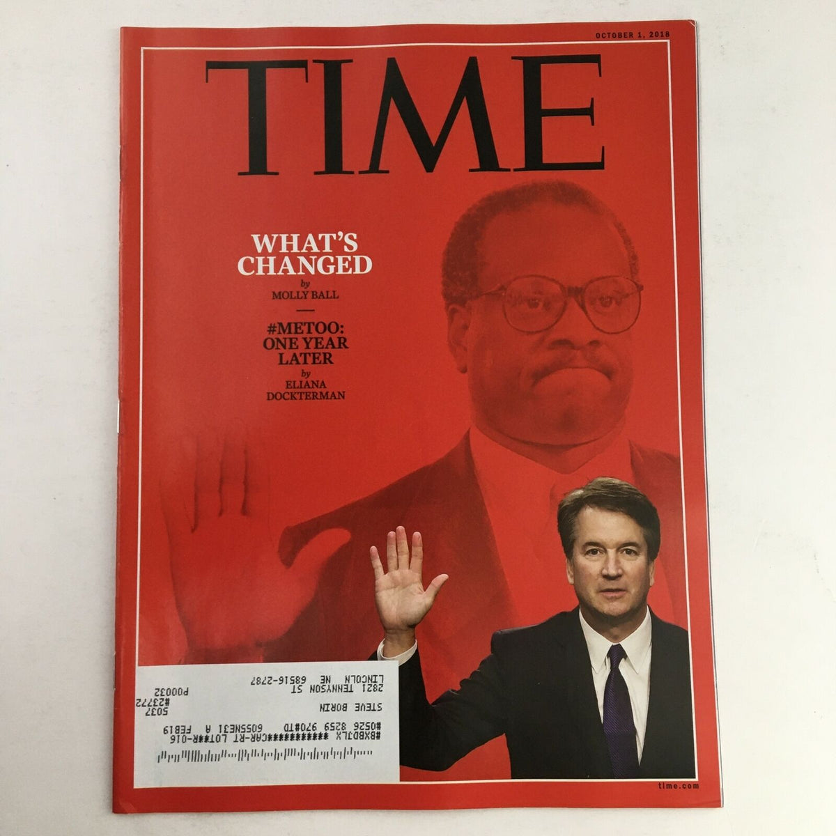Time Magazine cover from October 1, 2018, featuring the article 'Brett Kavanaugh & What's Changed' by Molly Ball, highlighting significant themes from the Supreme Court confirmation hearings.