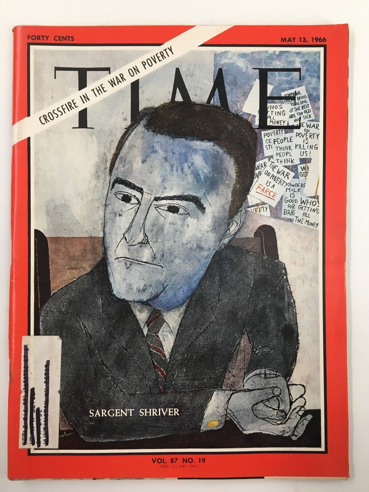 Cover of VTG Time Magazine from May 13, 1966, Vol 87 #19 featuring Sargent Shriver with a thematic focus on the war on poverty.