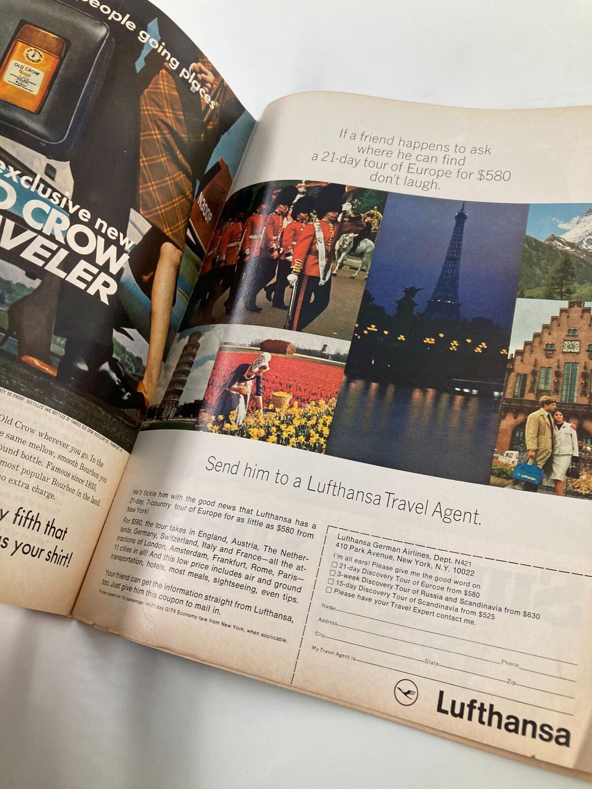Another inside page of the vintage Time Magazine from April 21, 1967, highlighting travel options by Lufthansa, showcasing European destinations and travel details.