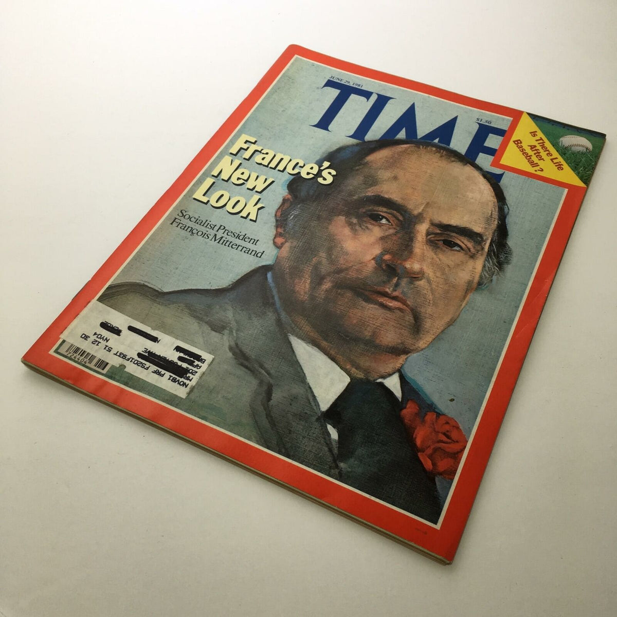 Alternative angle of Time Magazine from June 29, 1981, displaying the cover with François Mitterrand's portrait and additional details.