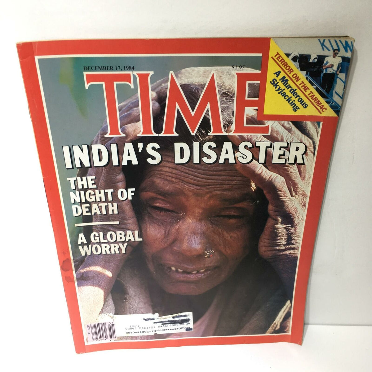 Time Magazine cover from December 17, 1984, featuring the title 'India's Disaster: The Night of Death, A Global Worry,' with an emotional depiction of a distressed individual reflecting the impact of the Bhopal gas tragedy.