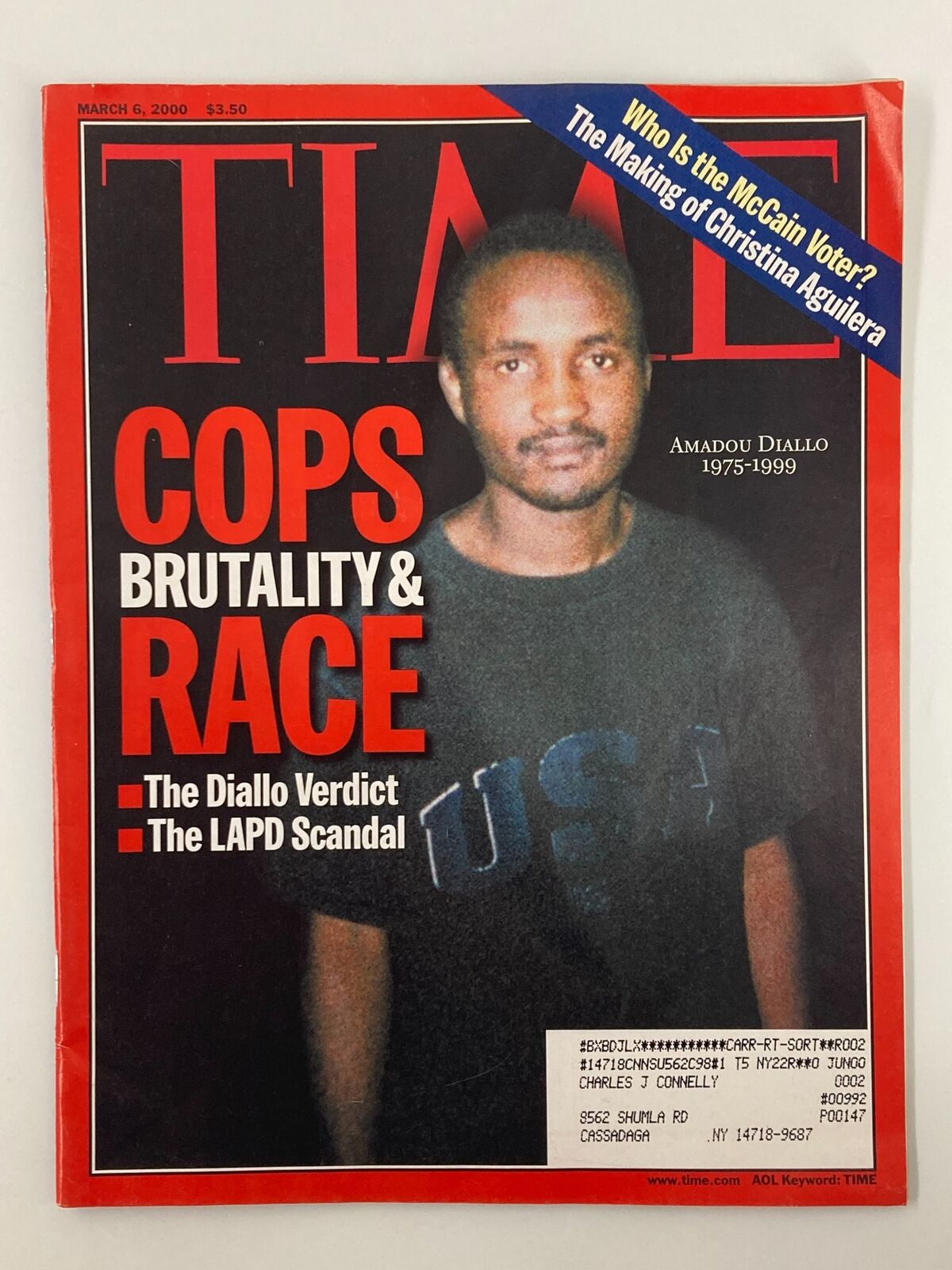Cover of Time Magazine March 6 2000 featuring Amadou Diallo, with the headline 'Cops, Brutality & Race' discussing police brutality and race relations in America.