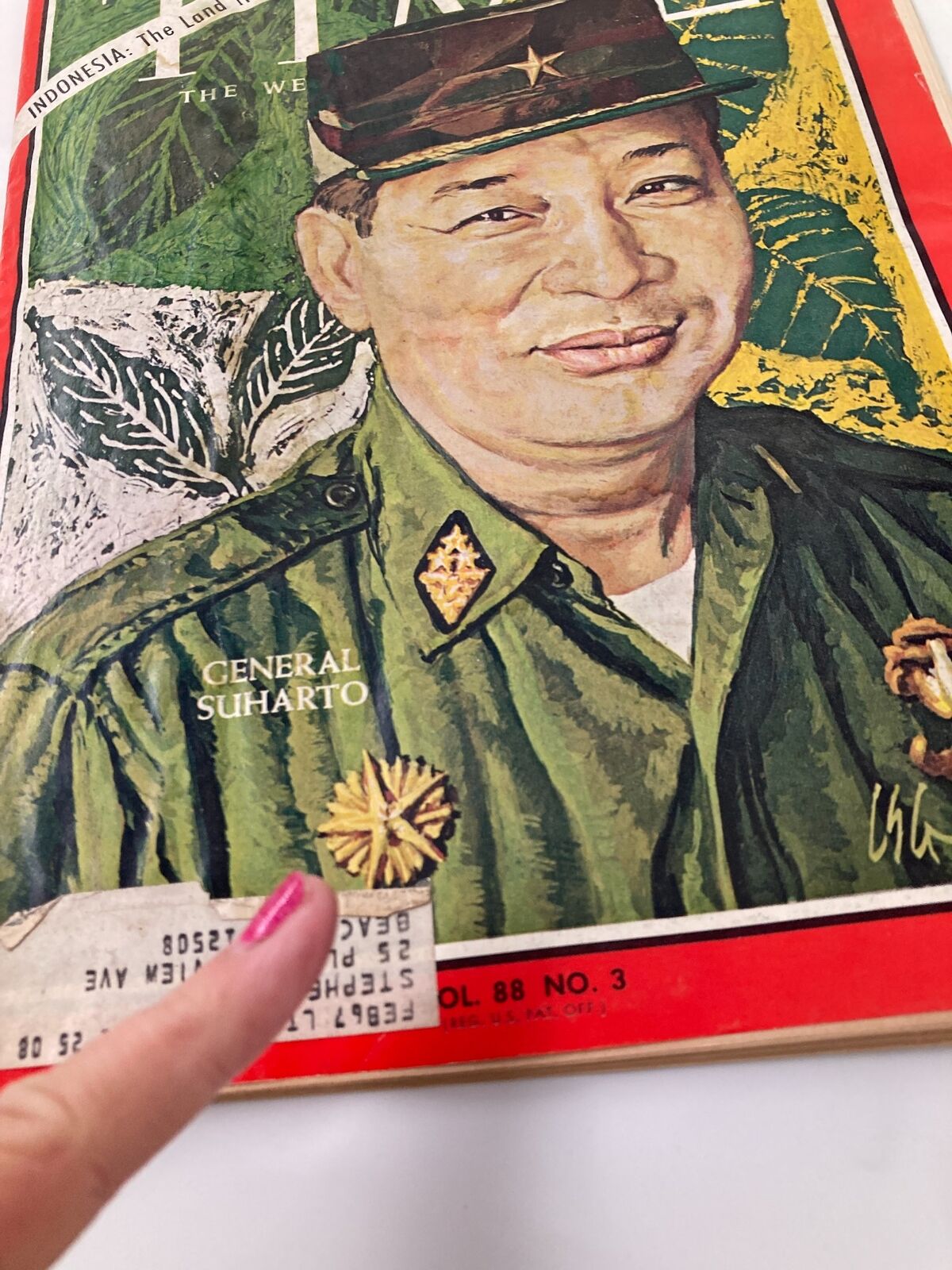 Cover of VTG Time Magazine July 15, 1966 featuring General Suharto of Indonesia, showcasing detailed artwork and a label indicating the magazine's volume and issue.