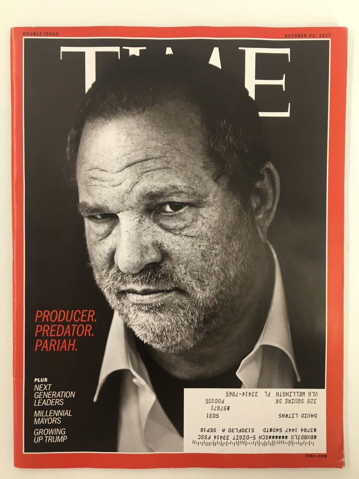 Cover of Time Magazine from October 23, 2017, featuring the title 'Harvey Weinstein: Producer, Predator, Pariah'. The cover includes a close-up portrait of Harvey Weinstein, highlighting the magazine's exploration of his controversial impact on Hollywood.