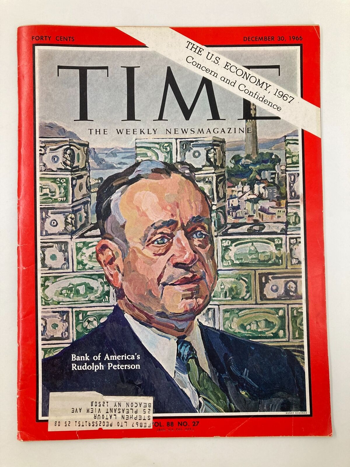 Vintage Time Magazine cover from December 30, 1966, Volume 88, Number 27, featuring Rudolph Peterson of Bank of America, with a backdrop of dollar bills and the headline about the U.S. economy in 1967.