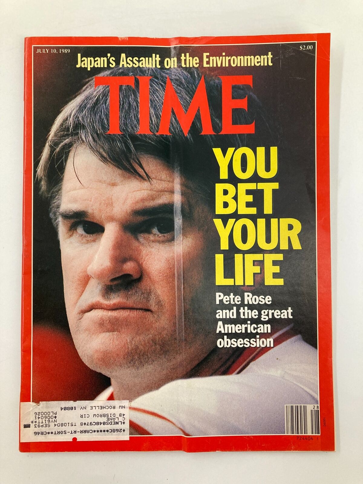 Vintage Time Magazine from July 10, 1989, featuring Pete Rose on the cover with the headline 'You Bet Your Life' and the subtitle 'Pete Rose and the great American obsession.' This magazine represents a significant moment in sports history.