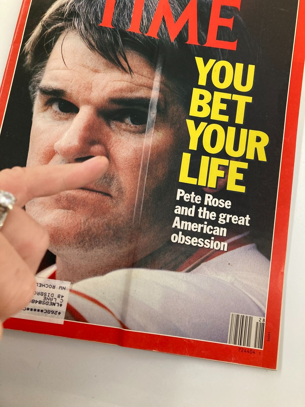 Close-up of the Vintage Time Magazine July 10, 1989, cover showing Pete Rose, with the headline 'You Bet Your Life' and the subtitle 'Pete Rose and the great American obsession,' highlighting its historical significance.