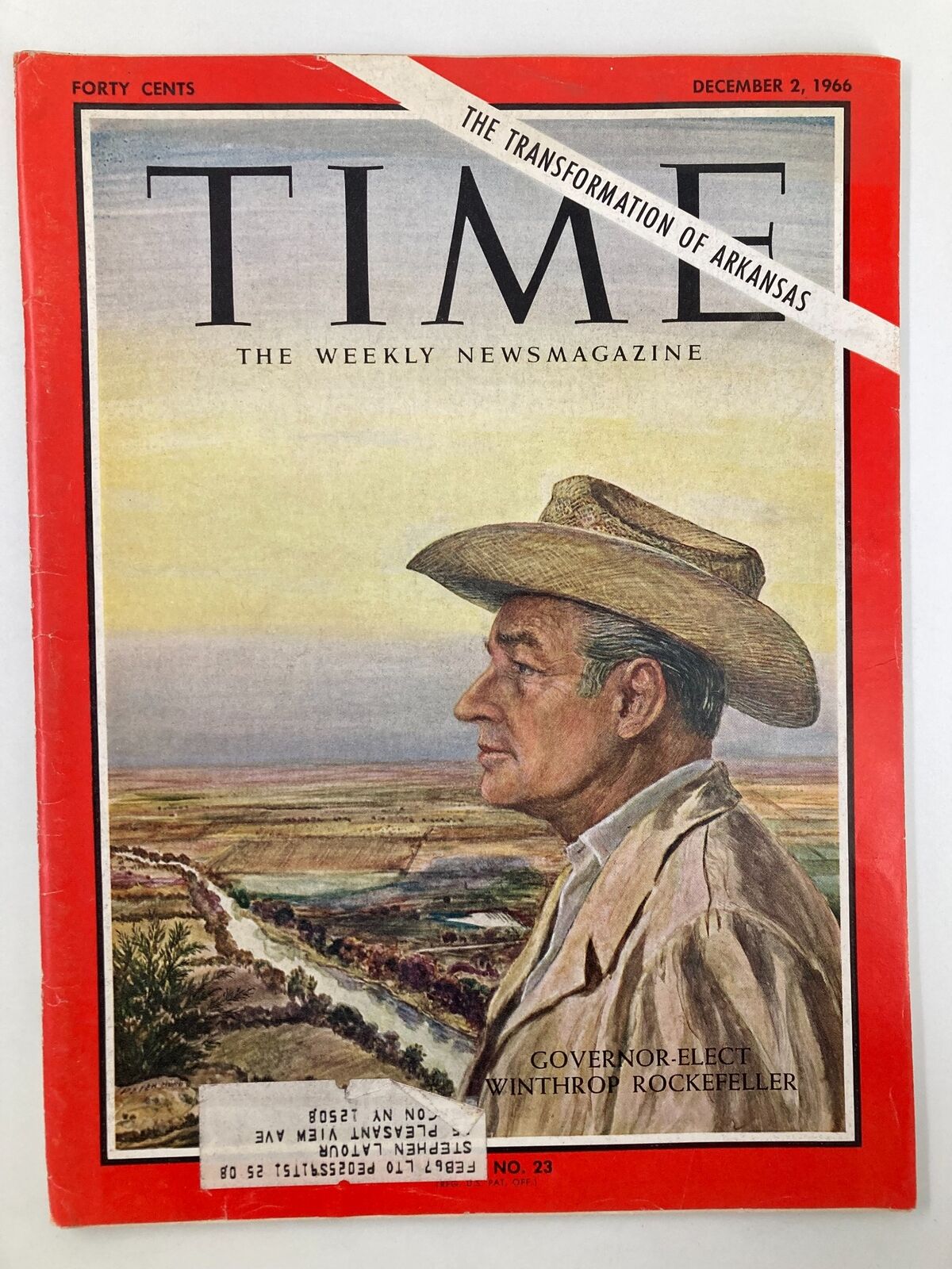 Vintage Time Magazine cover from December 2, 1966, featuring Governor Winthrop Rockefeller, highlighting the transformation of Arkansas.