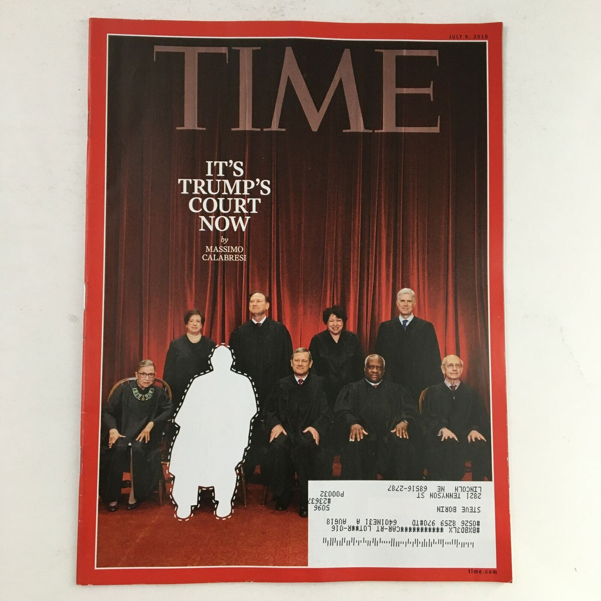 Time Magazine cover from July 9, 2018 featuring the title 'It's Trump's Court Now' by Massimo Calabresi, showcasing a group of judges in judicial robes, highlighting the impact of the Trump administration on the judiciary.