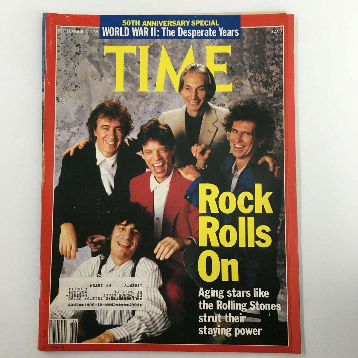 Vintage Time Magazine from September 4, 1989, featuring the Rolling Stones on the cover, showcasing their staying power in music.