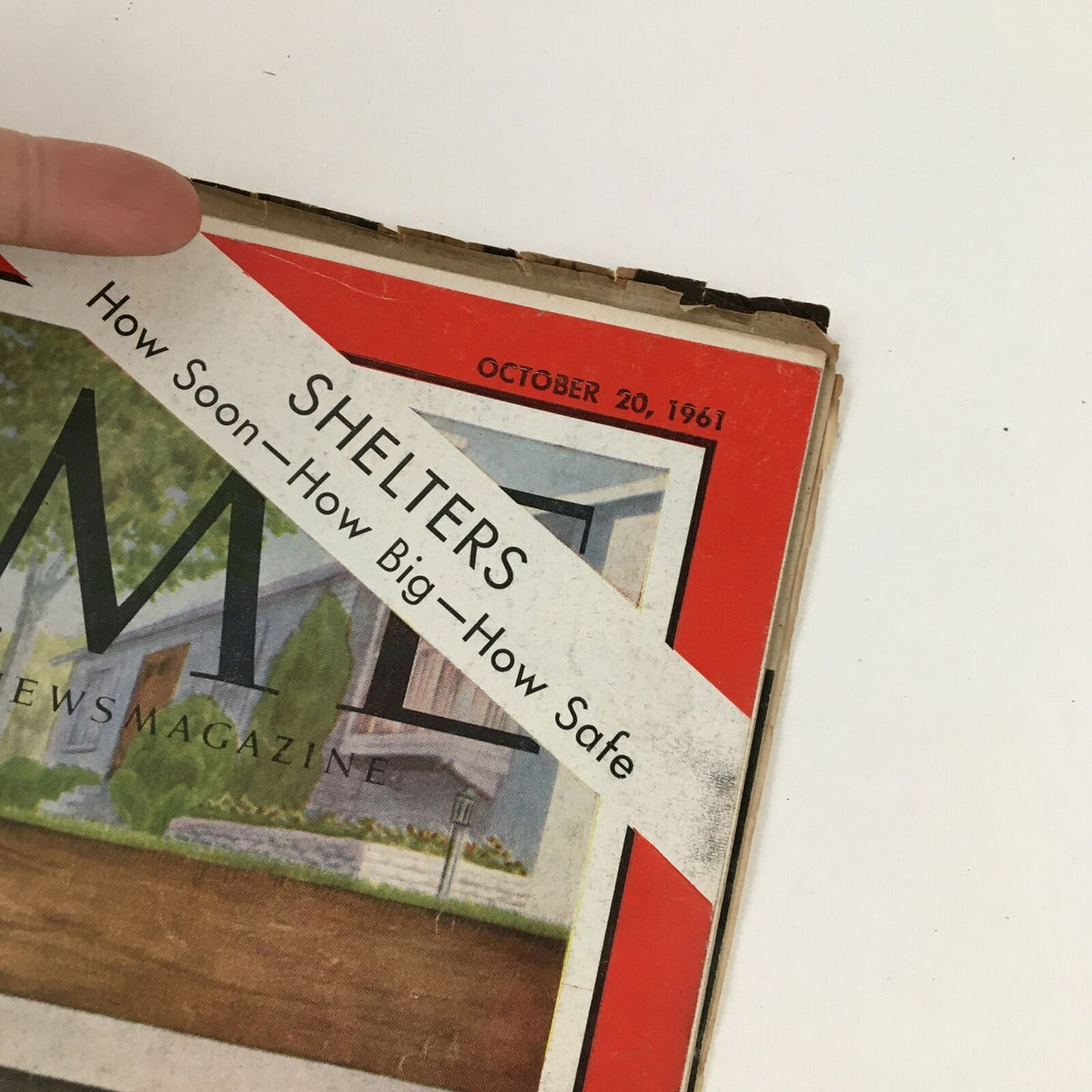Top view of Time Magazine October 20, 1961 cover showing the publication's title and headline about civil defense shelters.