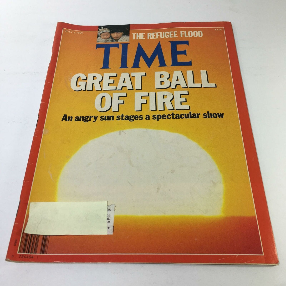 Cover of Time Magazine July 3, 1989 featuring the headline 'Great Ball of Fire: An angry sun stages a spectacular show', showcasing bold typography and a striking orange background.