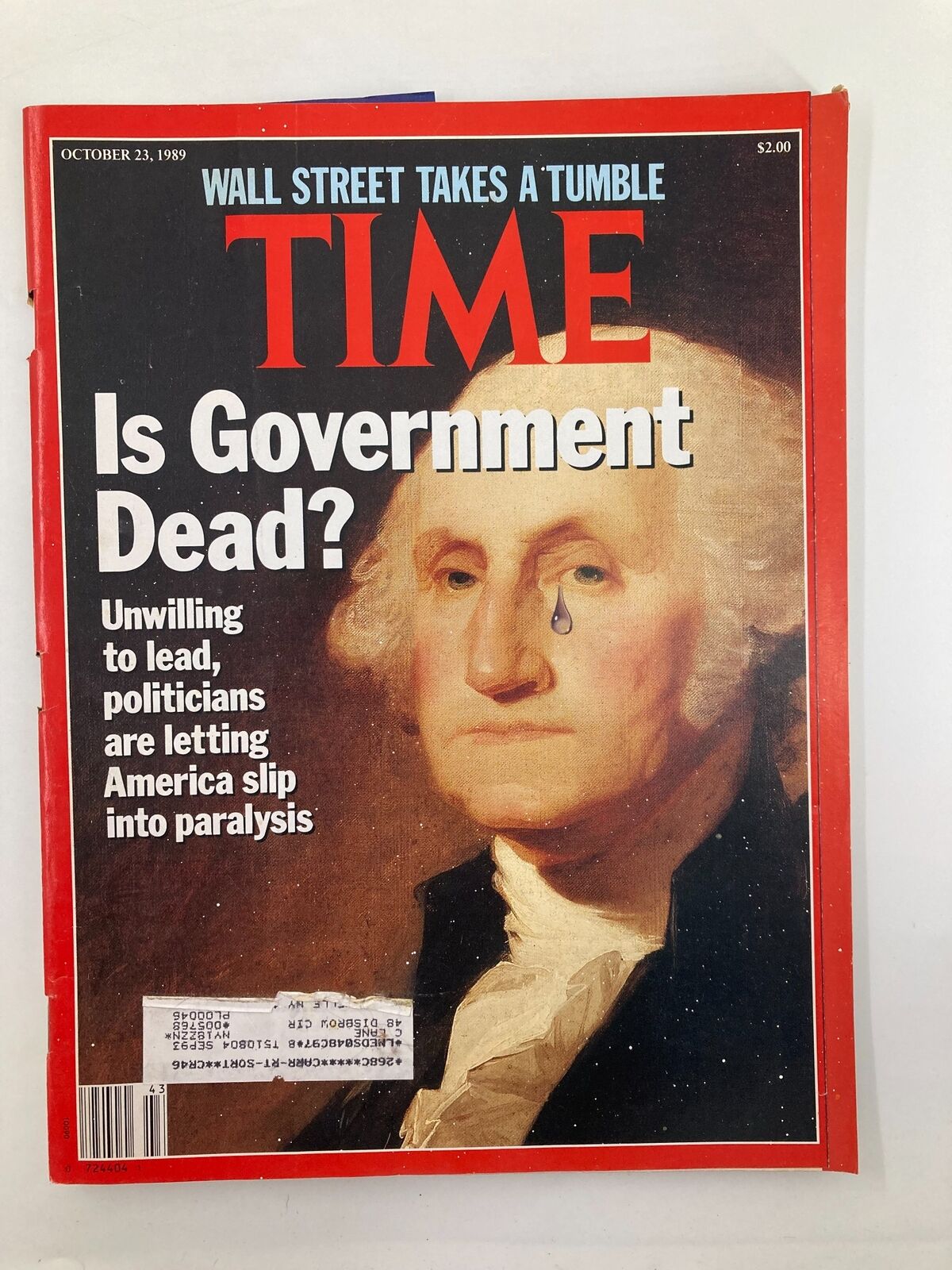 Cover of Time Magazine from October 23, 1989, titled 'Wall Street Takes A Tumble, Is Government Dead?', featuring a portrait of George Washington and the question about government leadership during economic issues.