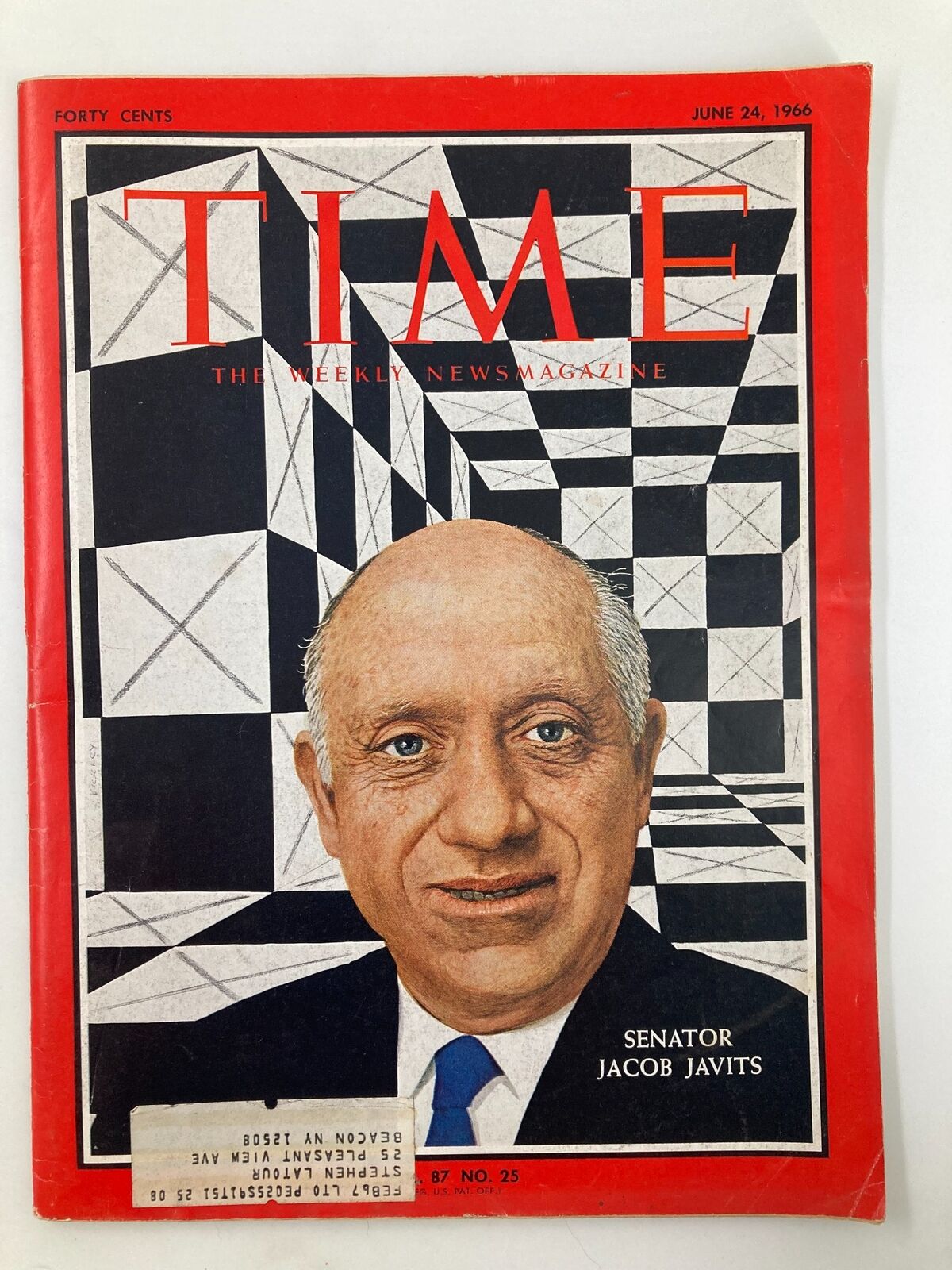 VTG Time Magazine June 24, 1966 featuring a cover story on Senator Jacob Javits, Volume 87, Issue #25. The cover showcases a detailed illustrated portrait of Senator Javits against a geometric pattern background.