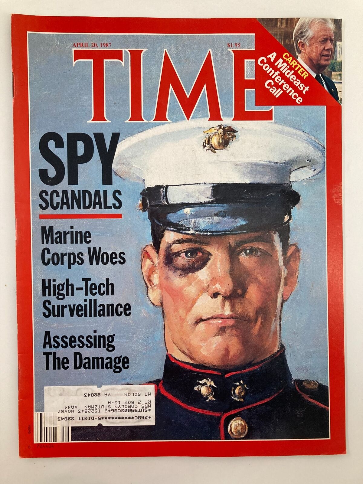 VTG Time Magazine April 20 1987 cover featuring a Marine Corps officer with prominent text highlighting Spy Scandals, Marine Corps Woes, and High-Tech Surveillance.