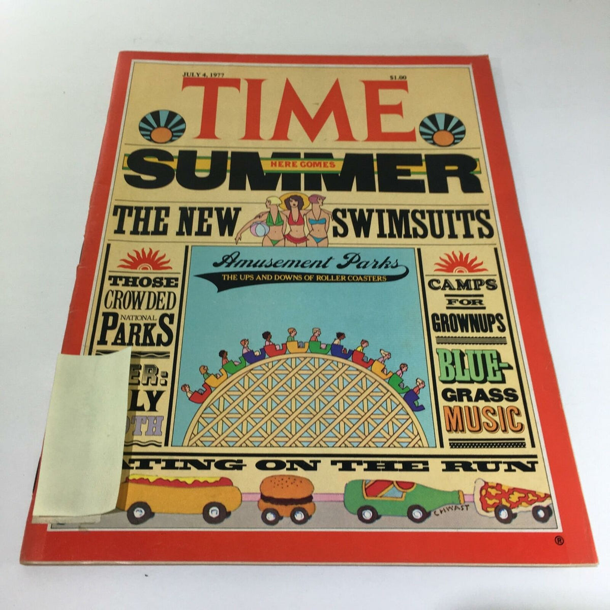 Cover of Time Magazine from July 4, 1977 featuring 'The New Swimsuits' and 'Amusement Parks' themes, with vibrant illustrations and a colorful design.