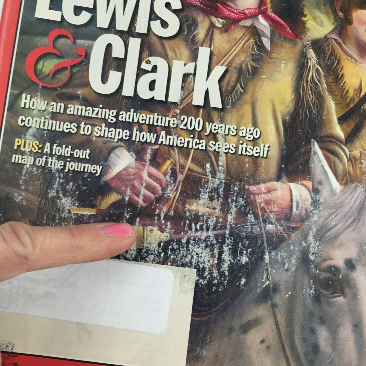 Detailed view of the Time Magazine July 8, 2002 cover featuring Lewis & Clark, with a focus on the explorers and a fold-out map of their journey.