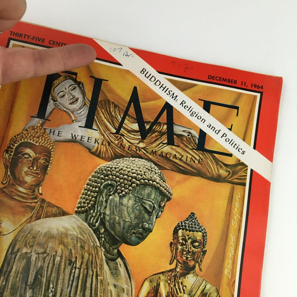 Close-up of the Time Magazine cover dated December 11, 1964, Volume 84, Number 24, highlighting the 'Buddhism: Religion and Politics' feature with detailed artwork of Buddhist figures.