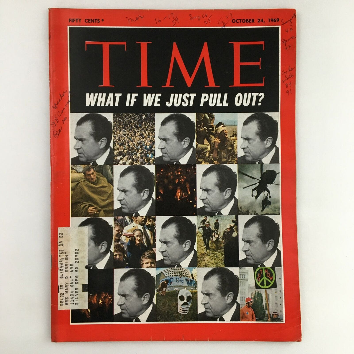Time Magazine cover from October 24, 1969, featuring Richard Nixon and the question 'What if We Just Pull Out?', showcasing images of Nixon with historical scenes related to the Vietnam War.