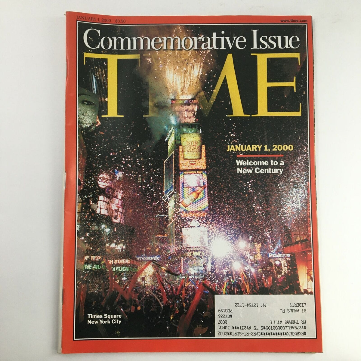 Cover of Time Magazine January 1, 2000, Vol 155 #1, featuring the New Year's Eve celebration in Times Square, New York City, showcasing fireworks and festivities.