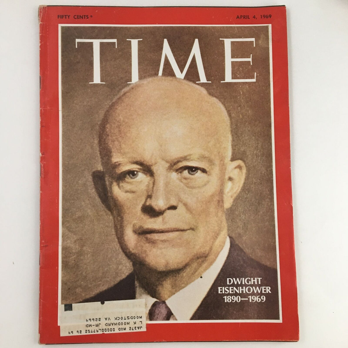 Time Magazine April 4, 1969 cover featuring a portrait of Dwight D. Eisenhower, 1890-1969, memorializing the former U.S. President.