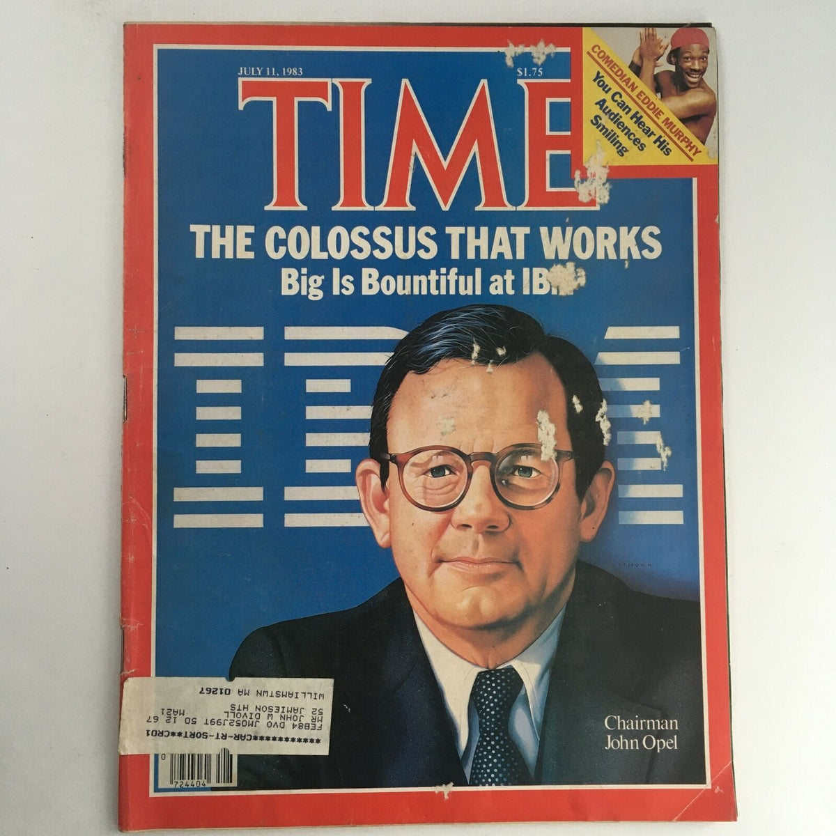 Time Magazine cover from July 11, 1983, featuring Chairman John Opel of IBM on the front, showcasing the title 'The Colossus That Works: Big Is Bountiful at IBM' with visible wear and tear.