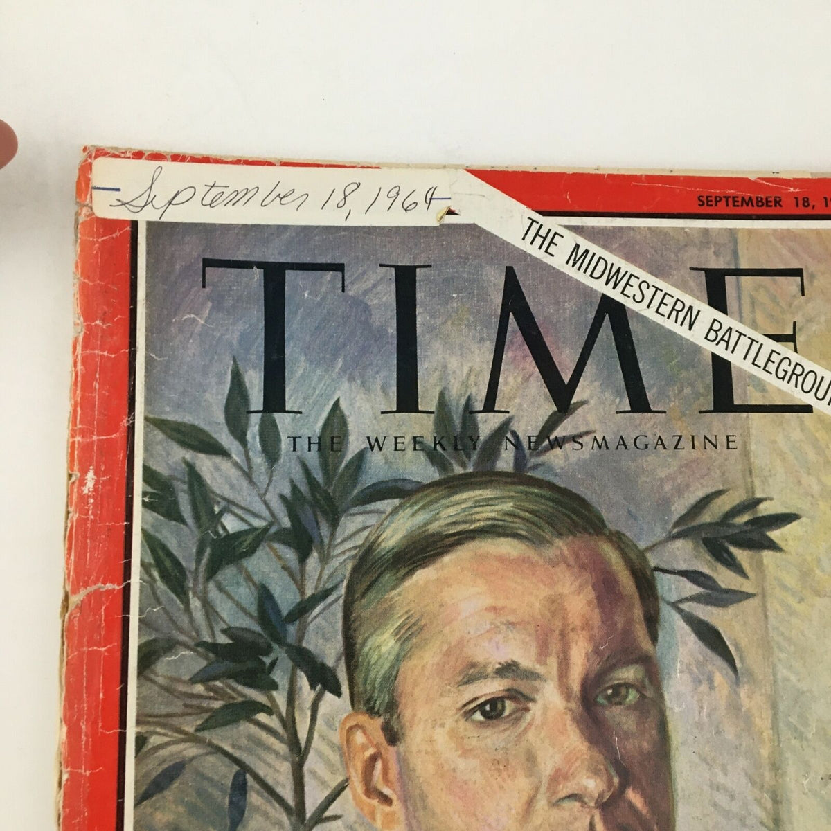 Close-up of Time Magazine September 18 1964 cover showing Charles H. Percy, highlighting the handwritten date and tagline 'The Midwestern Battleground'.