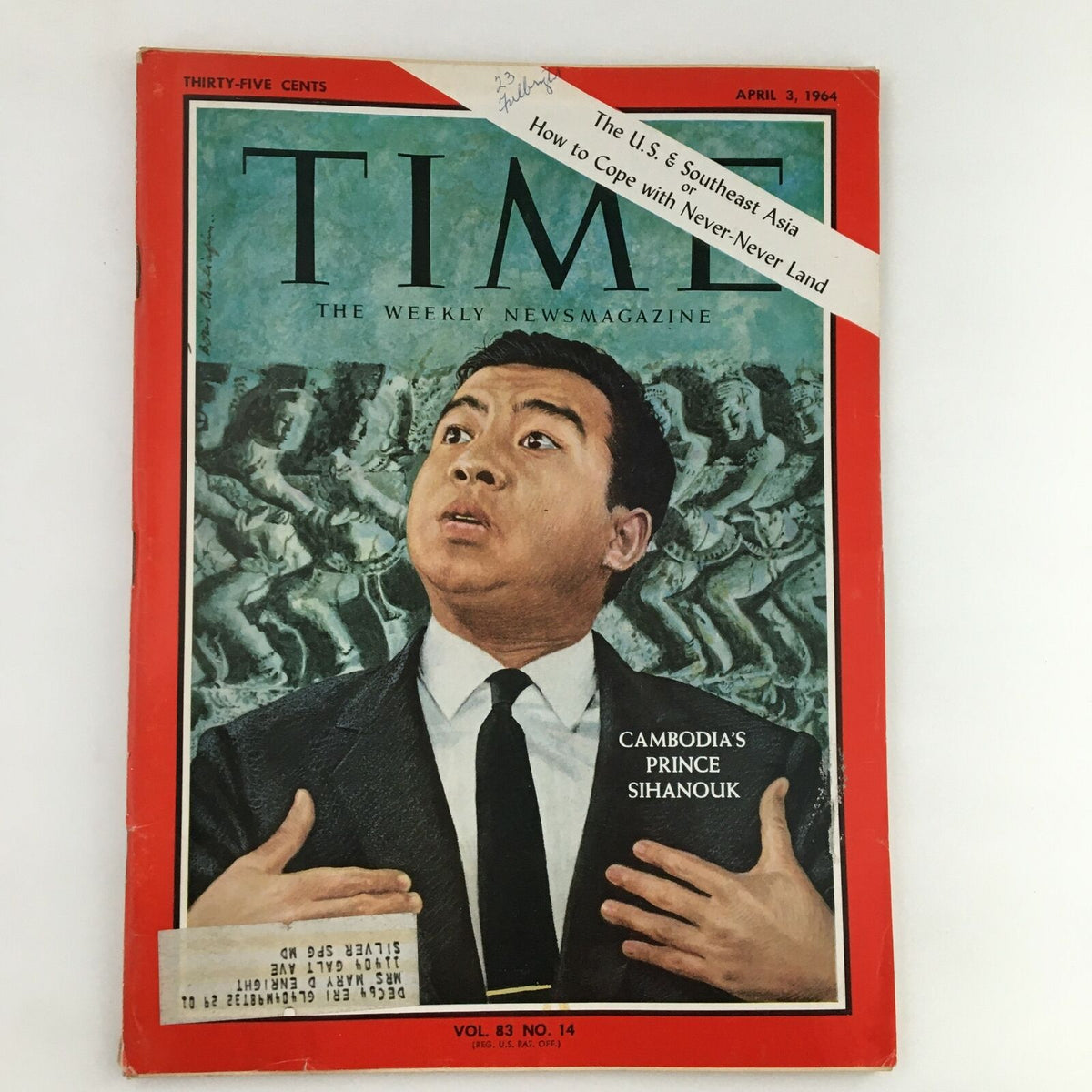 Cover of Time Magazine dated April 3, 1964, featuring Cambodia's Prince Sihanouk, highlighting the political context of Southeast Asia.