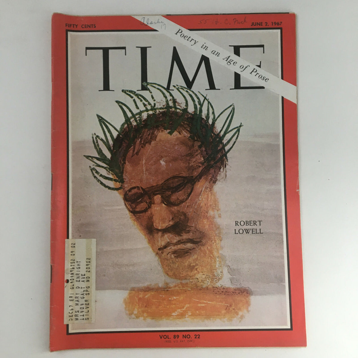 Cover of Time Magazine from June 2, 1967, Vol. 89 No. 22 featuring a portrait of Robert Lowell with the headline 'Poetry in an Age of Prose'.