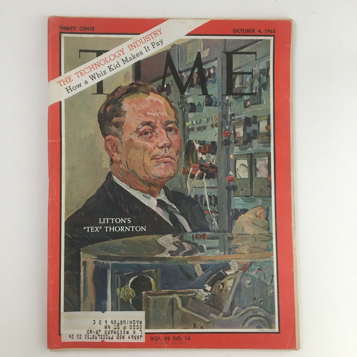 Cover of Time Magazine dated October 4, 1963, featuring Litton's Tex Thornton. The magazine highlights the tech industry and showcases an image of Tex Thornton against a backdrop of technological devices.