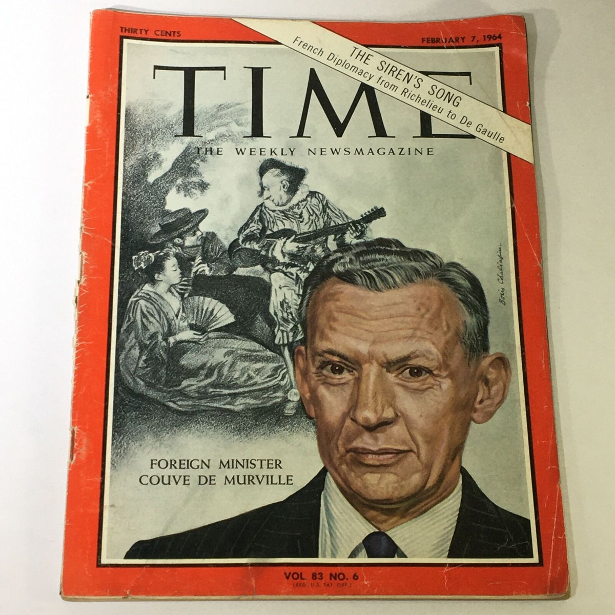 Vintage Time Magazine cover from February 7, 1964, featuring Foreign Minister Couve De Murville, showcasing historical artwork and commentary on French diplomacy.