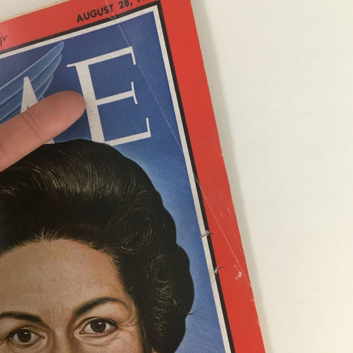 Another close-up image of Time Magazine from August 28, 1964, showcasing the condition of the magazine cover featuring Claudia Alta 'Lady Bird' Johnson.