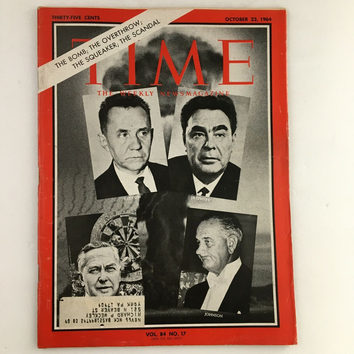 Cover of Time Magazine, October 23, 1964, Vol. 84 No. 17 featuring portraits of Alexei Kosygin, Leonid Brezhnev, and Lyndon Johnson, highlighting Cold War political themes.
