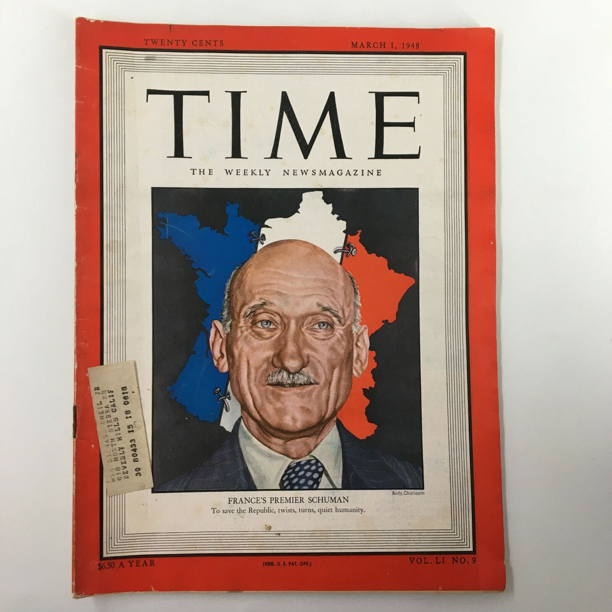 Cover of VTG Time Magazine March 1 1948 Vol. 51 No. 9 featuring France's Premier Schuman, illustrated against the backdrop of the French flag.