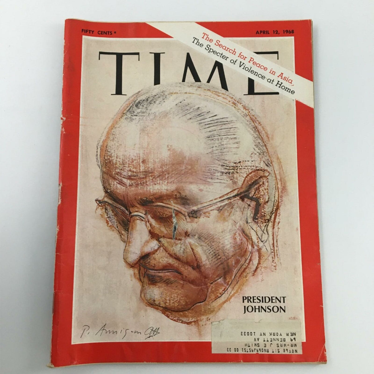 VTG Time Magazine April 12, 1968 featuring a captivating cover illustration of President Lyndon B. Johnson, focusing on the themes of Peace in Asia and Violence at Home. The magazine showcases historical context from the late 1960s with its distinctive red border and headline.