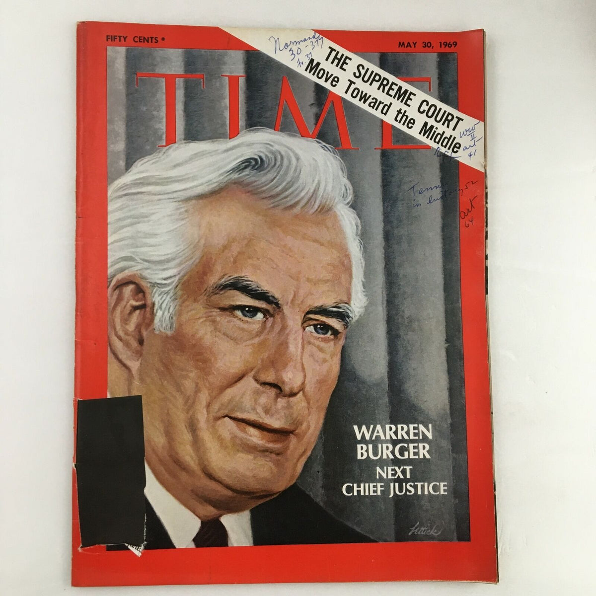 Cover of Time Magazine from May 30, 1969, featuring Warren Burger as 'The Next Chief Justice', showcasing a portrait of Burger with a red border and handwritten notes.