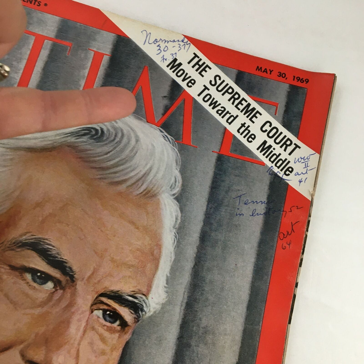 Close-up view of the Time Magazine cover from May 30, 1969, featuring the headline 'THE SUPREME COURT Move Toward the Middle' alongside an illustration of Warren Burger, titled 'Time Magazine May 30 1969 Vol. 93 No. 22 Warren Burger The Next Chief Justice'.