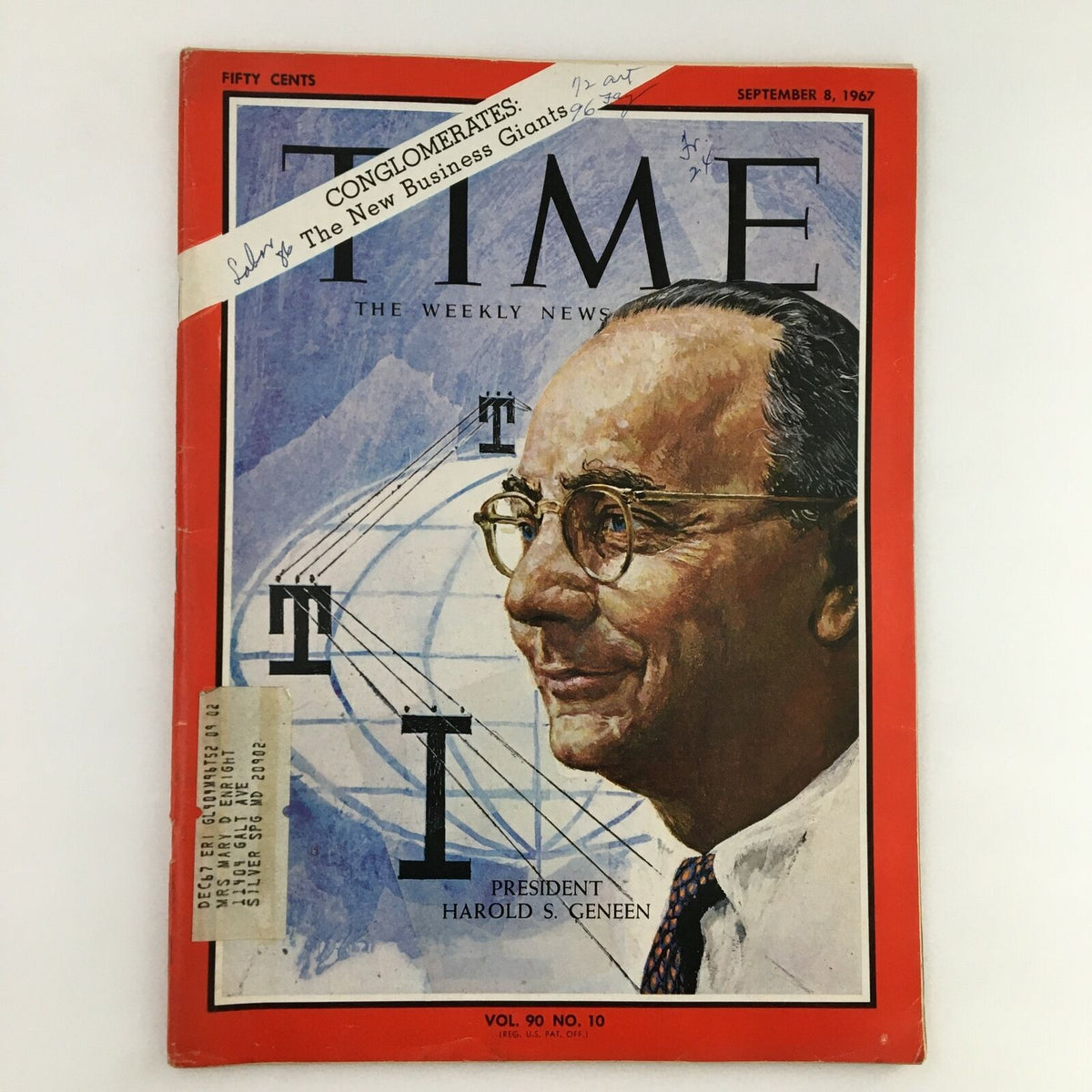 Cover of Time Magazine from September 8, 1967, Vol. 90 No. 10, featuring the title 'Conglomerates: The New Business Giants' and a portrait of President Harold Geneen with a striking design.